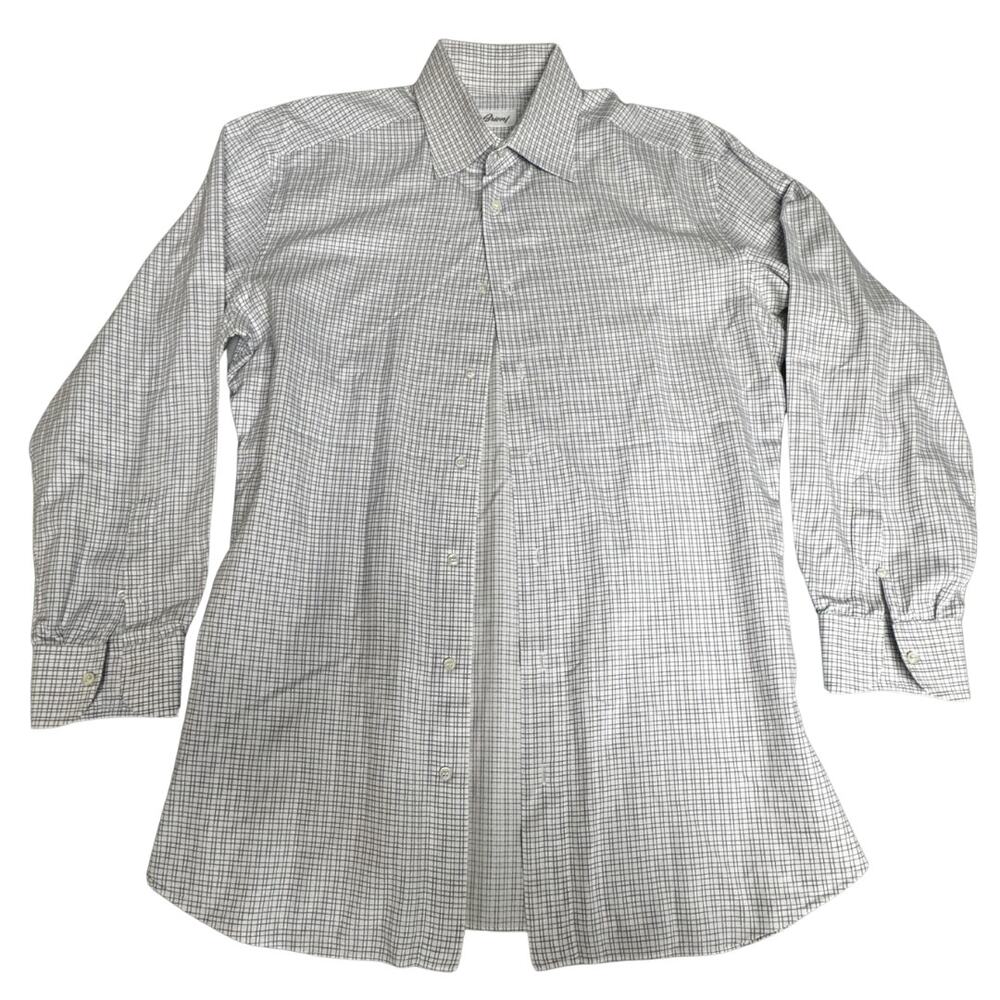 Brioni Dress Shirt Men’s 16.5 White Blue Check Luxury Cotton